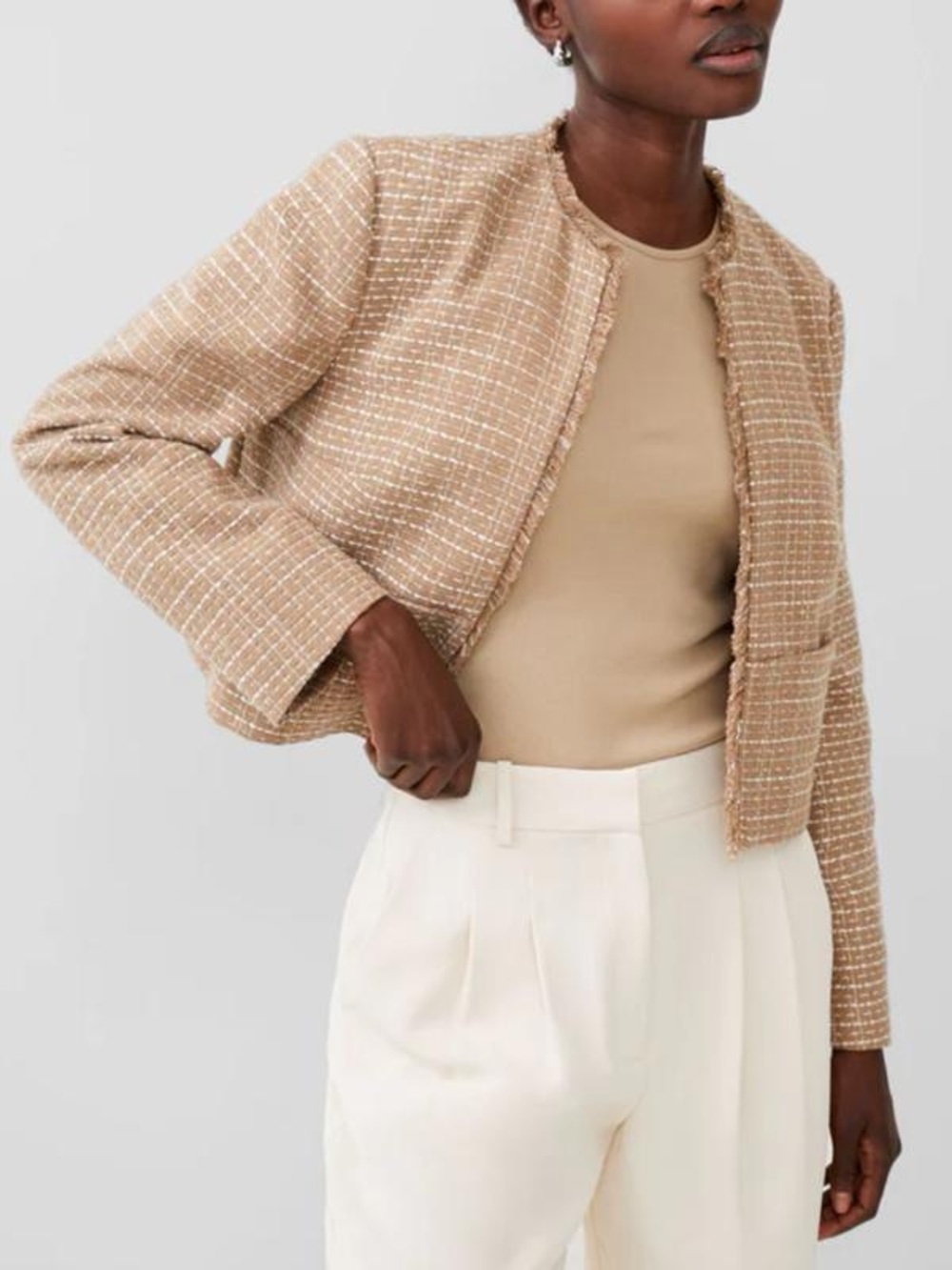 NWT French Connection Tan Tweed Cropped Blazer